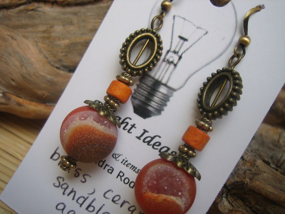 brass, glass, sandblasted fire agate and antiqued brass earwires