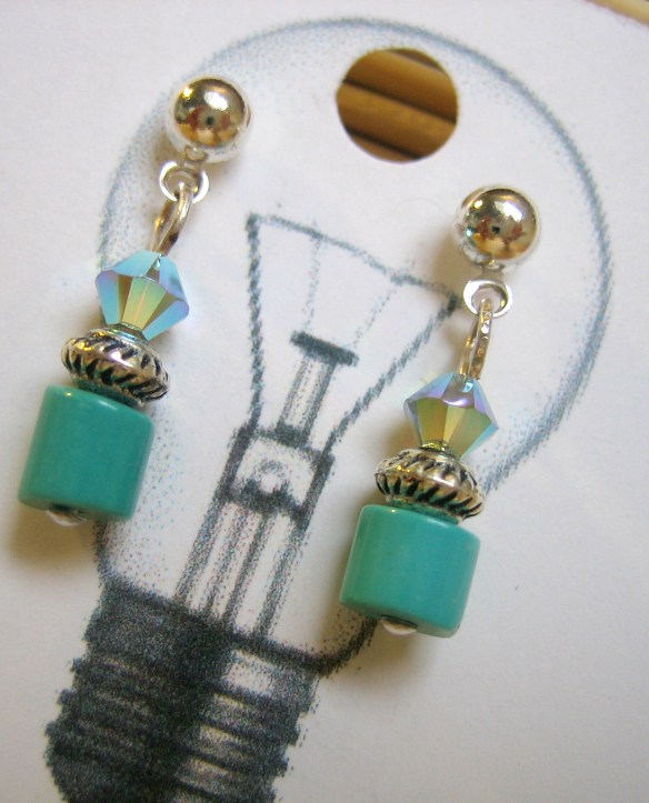 turquoise, Swarovski crystal and sterling silver plated ear posts